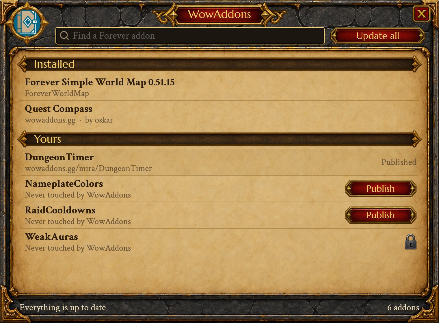 The WowAddons window: a search field, Update all, the installed addons, and the player's own addons, locked.